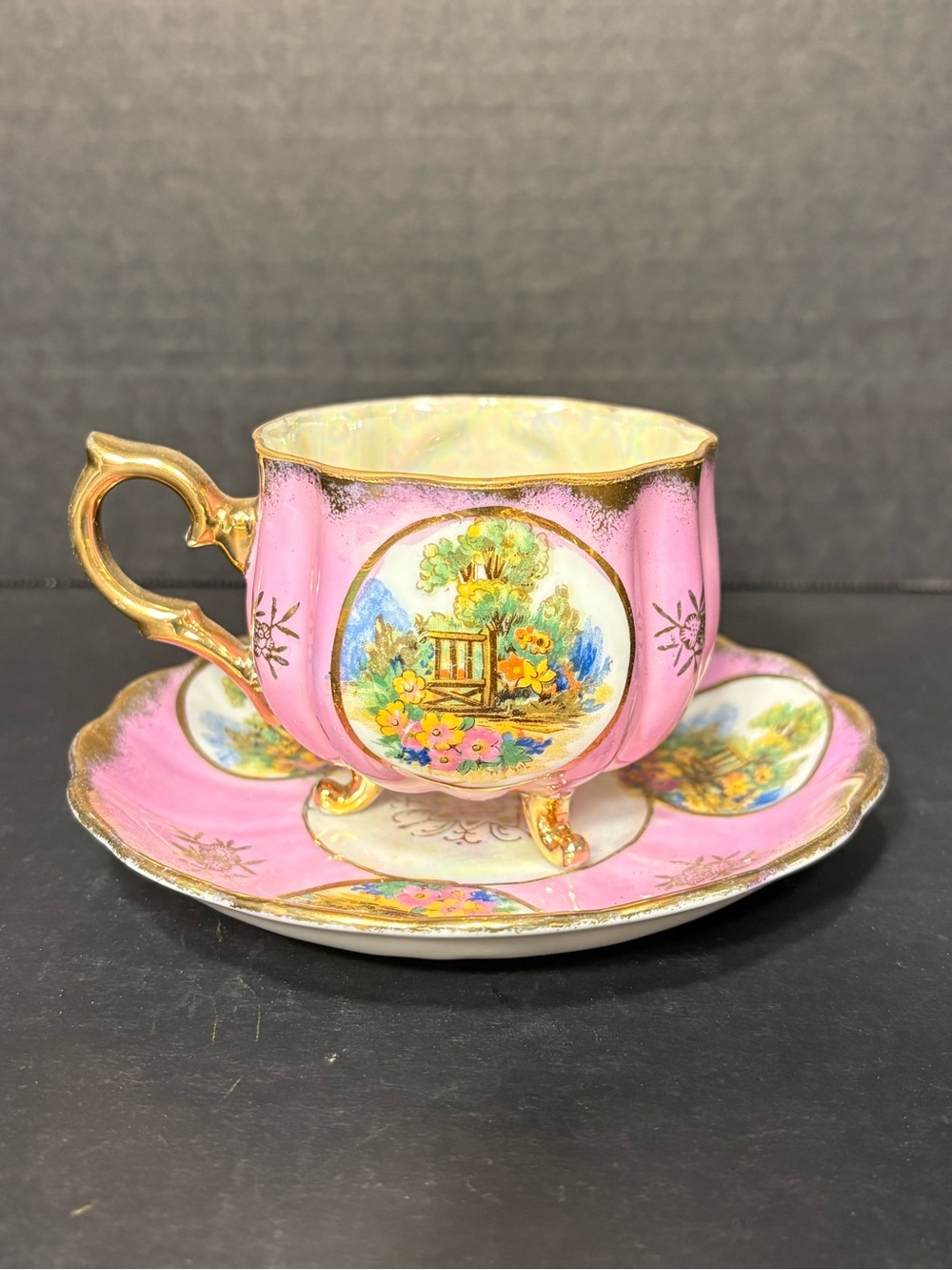 Vintage Castle China Japan Pink Luster Footed Teacup & Saucer